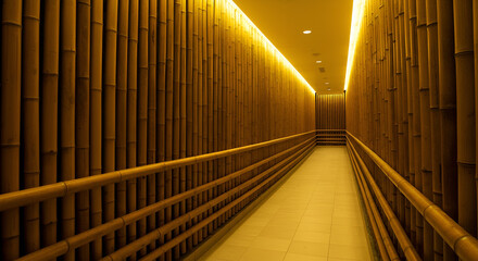 Obraz premium Bamboo-themed hallway with wall-mounted bamboo rods and soft yellow lighting guiding the path.