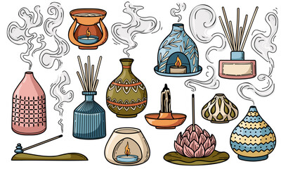 Aromatherapy and fragrance doodle vector illustrations collection. Incense stick, aroma lamp, diffuser.