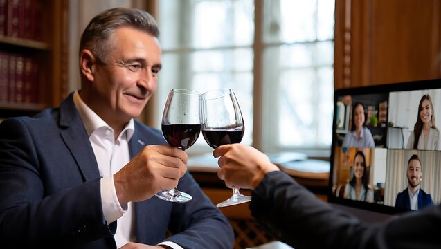 Smiling man in suit toasting wine with colleagues on a video conference call celebrating success