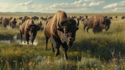 Bison herd running across a grassy plain