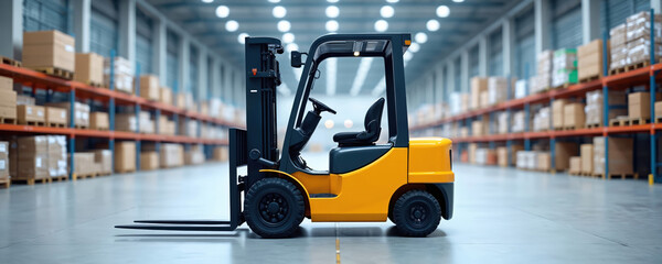 Yellow, black forklift sits ready for work in large, modern warehouse filled with stacked boxes on tall shelves. Industrial vehicle built for efficiency, heavy lifting, essential for logistics,