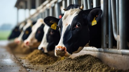 Black And White Cows Eating
