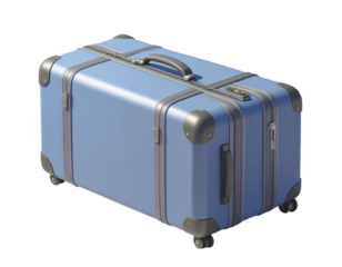 Light-blue suitcase with gray accents, angled view