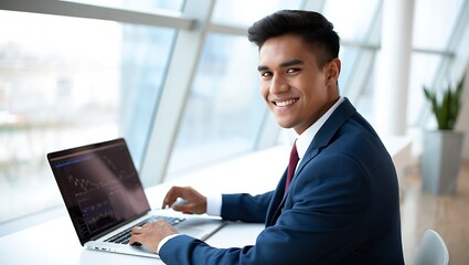 Smiling young businessman in a suit working on a laptop in a modern office with large windows