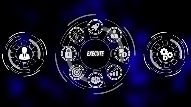 Business Concept Infographic with Execute Icons and Futuristic Design Keywords: business, execute, infographic, concept, icons, technology, digital, strategy, success, growth, teamwork, finance - Powered by Adobe