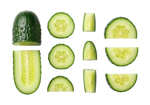 Photorealistic vibrant green cucumber slices and wedges, dark skin, pale translucent flesh, white seeds, artfully arranged on a pristine transparent studio background with copy space. Concept of