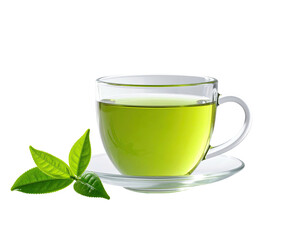 Transparent glass cup of bright green tea, with fresh tea leaves beside
