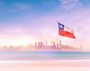 Chile wavering in front of scenic view of modern skyline.
