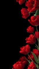 A stunning display of red tulips borders a deep black background, offering a beautiful contrast and ample copy space for text or design elements