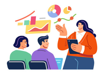 Business people listening to presentation, corporate training. Data analysis and creative strategy. Office environment