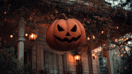 A carved Halloween pumpkin hangs from a porch, surrounded by warm lights, enhancing the festive ambiance and providing an inviting yet spooky scene with copy space