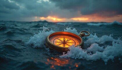 Glowing broken compass spins in stormy ocean waves. Chaotic sea, dark clouds suggest misjudgment, loss of clarity, uncertainty. Wild adventure turns to peril in wild waters, reflecting fear, chaos,