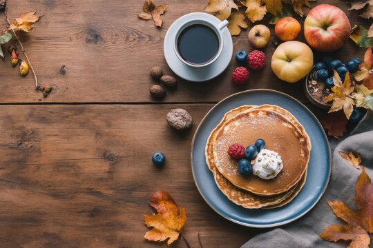 Pancakes and coffee on wooden table celebrating autumn