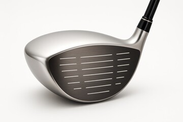 Close-up of golf club head with metallic surface and grooves on the face, ideal for sports and golf-related content, isolated on white background.