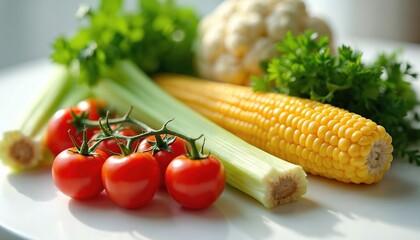 Vibrant illustration of fresh, healthy ingredients ripe cherry tomatoes on vine, crisp celery stalks, golden corn cob, fluffy cauliflower. Parsley sprigs add touch of green. Perfect for recipes,