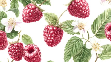 Watercolor illustration of raspberries and white blossoms on a white background, creating a repeating pattern.