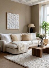 Stylish living room featuring a textured wall art piece with organic shapes resembling sandstone formations in neutral tones