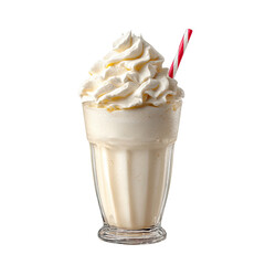 Creamy vanilla milkshake in a glass with whipped cream and a red and white striped straw