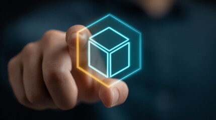 A human hand interacts with a glowing, hexagonal digital interface representing data or a virtual object, suggesting connection and control within a technological system.