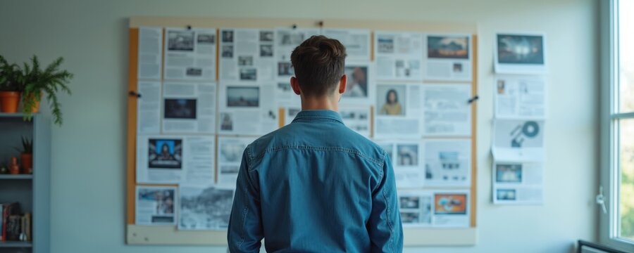 Man in denim shirt analyzes storyboards on wall, making creative decisions. Focused concentration on project planning, strategy development in workspace. Reviewing layouts, sketches for production