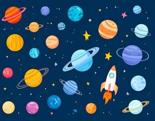 Colorful space planets and rocket illustration