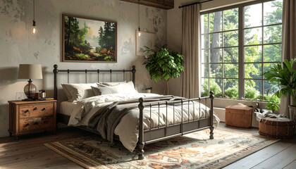 ベッドと温もり家具が調和するラスティックな雰囲気の明るい寝室