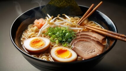 Bowl of steaming ramen with pork and egg