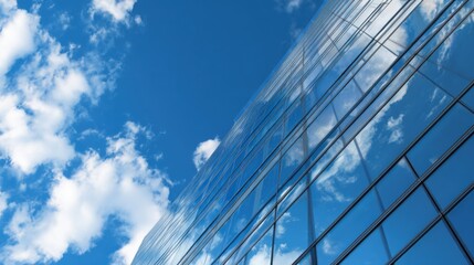 modern glass building with a blue sky