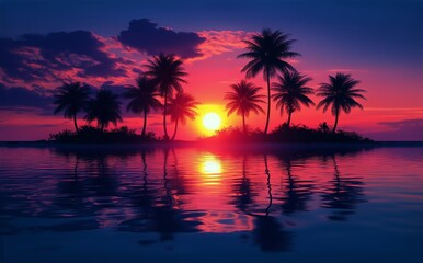 Stunning Sunset Over Calm Waters With Silhouettes of Palm Trees on a Tropical Island