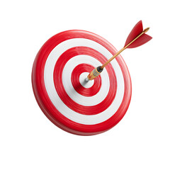 An arrow hitting the bullseye on a red and white target, isolated on transparent background
