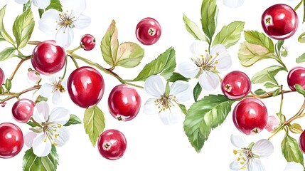 Watercolor painting depicts red cranberries and white blossoms on a leafy branch against a white background.