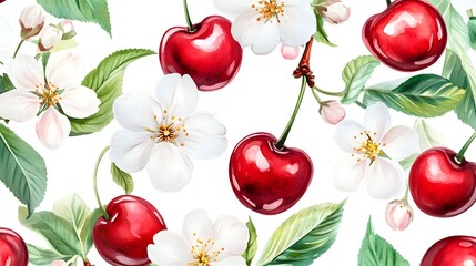 Watercolor illustration depicts cherries and white blossoms on a white background.