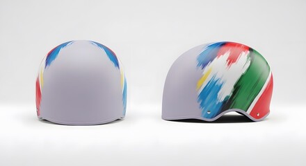 Artistic lilac sports helmet featuring a vibrant, abstract brushstroke pattern, shown from the side and back on a clean white background
