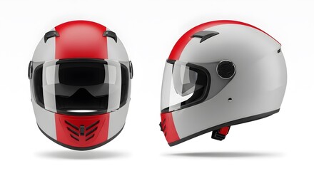 Fototapeta premium Sleek white motorcycle helmet with a bold red stripe, isolated on a white background. Front and side profile for motorsport and safety gear concepts