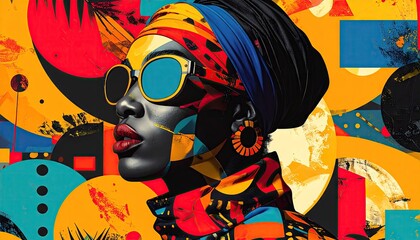 Woman in Colorful Headwrap and Sunglasses Against Geometric Background