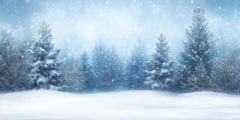 Snowy Winter Landscape with Pine Trees and Soft Snowfall, Ideal for Holiday and Christmas Themes