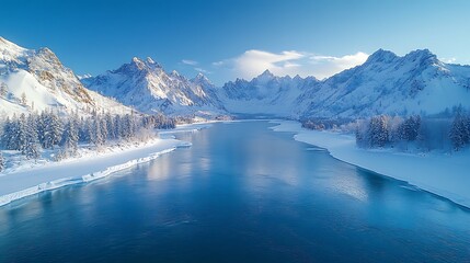 Fototapeta premium Majestic Snow Covered Mountains Reflecting In Frozen River
