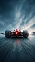 Formula one racing car speeding on asphalt road with dramatic cloudy sky. AI generated