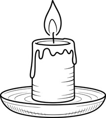Black and White Outline of a Lit Candle on a Saucer light flame