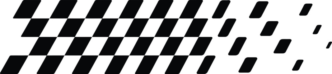 A dynamic black and white checkered racing flag pattern with a distorted motion effect, symbolizing speed and competition on an isolated white background