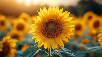 Fototapeta premium Vibrant Sunflower Field Bathed in Golden Sunlight and Dew Drops