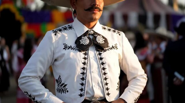 Portrait of a man in a traditional white Mexican Charro suit with intricate black embroidery, representing cultural pride and heritage