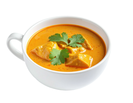 Creamy, orange curry in a white bowl