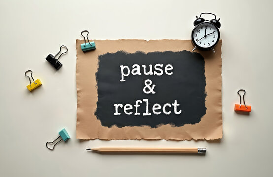 Alarm clock sits on brown paper next to blackboard with text pause reflect chalked on. Binder clips and pencil also present. Concept symbolizes mindful break, decision making, and rethinking.