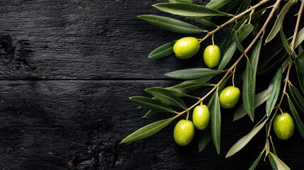 green olives and leaves on a dark wooden background