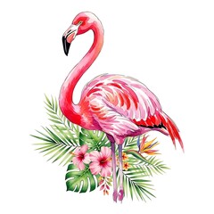 Fototapeta premium A vibrant flamingo surrounded by tropical flowers and foliage, showcasing a colorful and detailed illustration style.