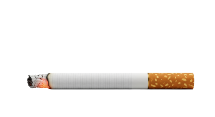 A single, brandless white cigarette with a brown filter and glowing orange ember, delicate grey smoke wisps, isolated on transparent background with copy space, concept of health risks and addiction
