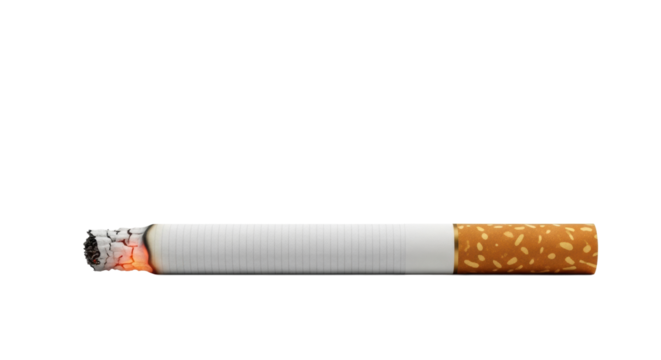 A single, brandless white cigarette with a brown filter and glowing orange ember, delicate grey smoke wisps, isolated on transparent background with copy space, concept of health risks and addiction