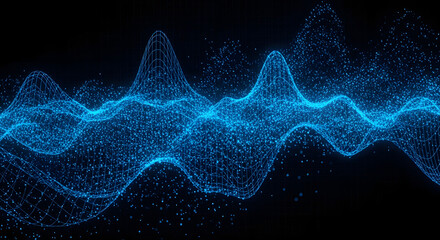 Abstract glowing blue particles forming undulating waves against a dark background, representing sound or data.