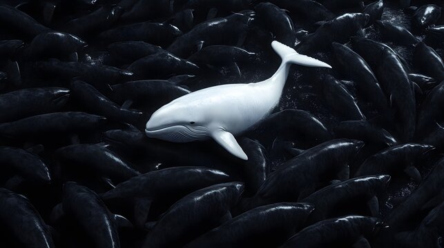 3D render of a solitary white whale immersed in a dark, dense array of shadowy orca figures. - Powered by Adobe